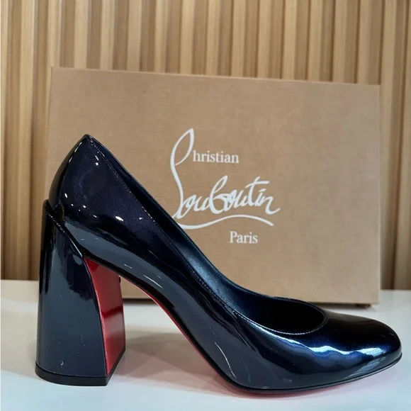 Christian Louboutin Miss Sabina 85mm block-heel Patent Leathe Pumps Navy
